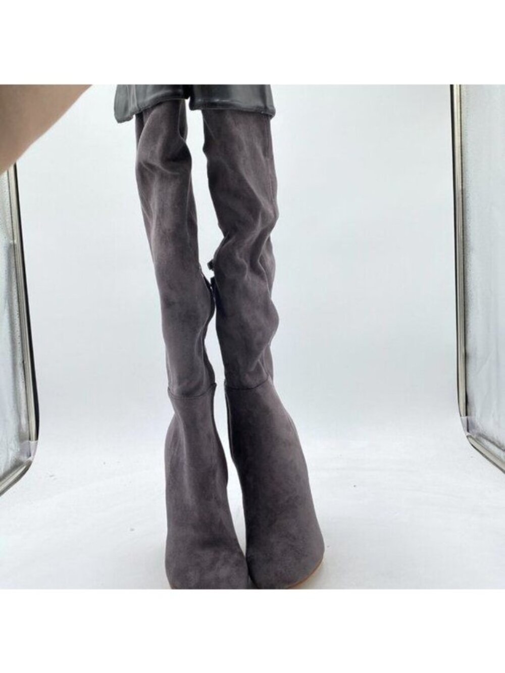FSJ Dark Grey Almond Toe Knee High Boots Chunky High Heel Pumps Shoes